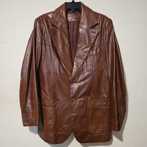VTG 70s Cognac Genuine Leather Blazer Jacket Professional Dark Academia M